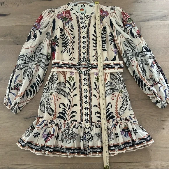 FARM RIO Nature Mini Dress Romantic Bead Belt Maximalist Puff Beige Size Medium - Picture 16 of 16